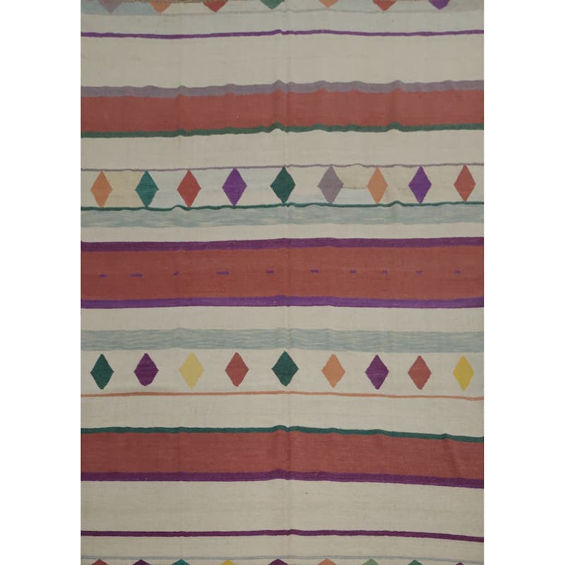 Hand Woven Oriental 100% Wool Carpet Southwestern Tribal Beige & Ivories Kilim Area Rug - 9' 11'' X 8' 3''