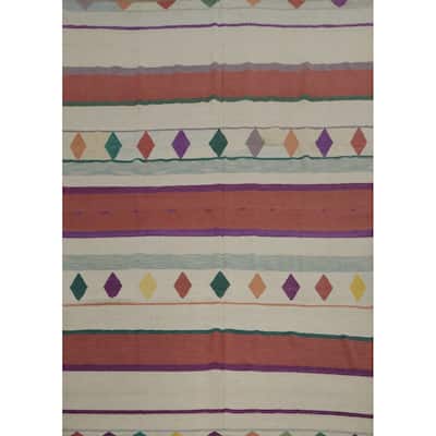 Hand Woven Oriental 100% Wool Carpet Southwestern Tribal Beige & Ivories Kilim Area Rug - 9' 11'' X 8' 3''