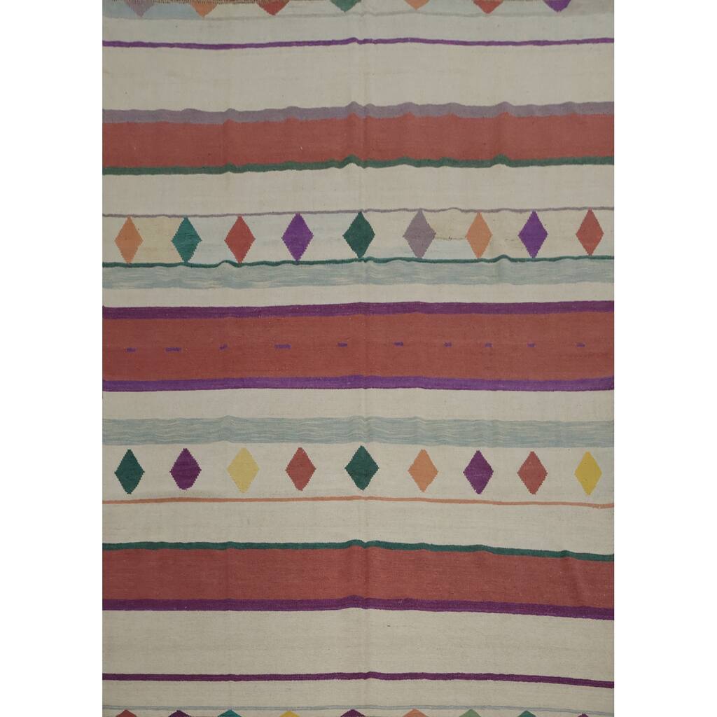 Hand Woven Oriental 100% Wool Carpet Southwestern Tribal Beige & Ivories Kilim Area Rug - 9' 11'' X 8' 3''