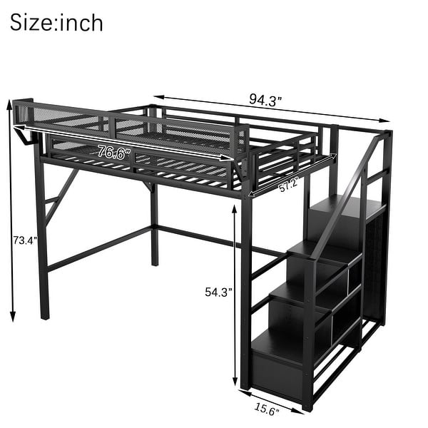 dimension image slide 7 of 10, Metal Loft Bed with Wooden Stairs Built-in Storage Shelves and Wardrobe, High Loft Bed Frame with Side Grid Storage Rack