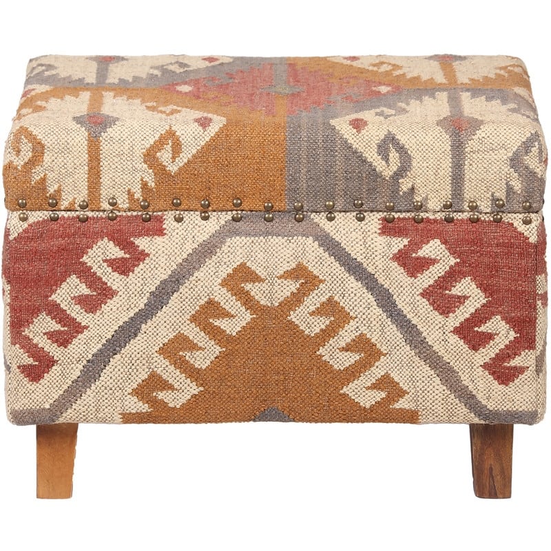 HERAT ORIENTAL Handmade Kilim Upholstered Wooden Storage Stool - Ivory - 24" W x 16" L x 18" H