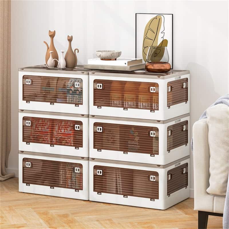 Cream White-Clear Brown Foldable Storage Bins 3-Pack with Wheels