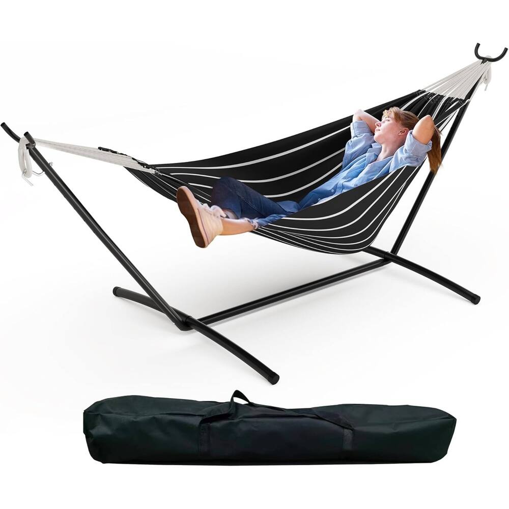 450lb Large Capacity Double Hammock with Steel Stand with Carry Bag for Patio Backyard Poolside