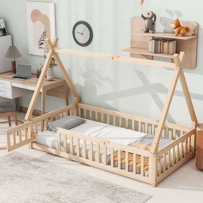 Twin Tent-shaped Floor Bed, with Guardrails, Slats, Door