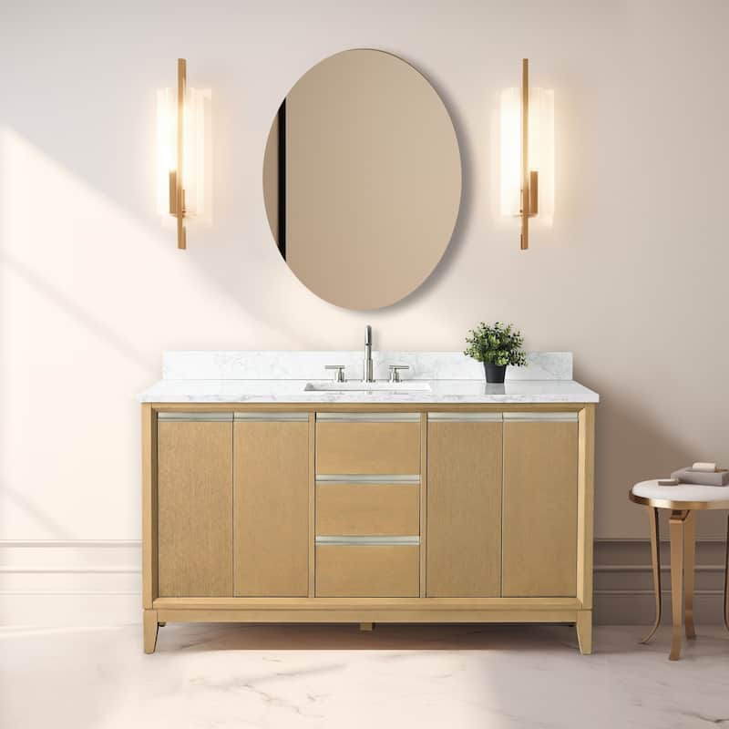 Vanity Art Bathroom Vanity with Ceramic Sink and Engineered Marble Top - 60" (Single Sink) - Natural Oak