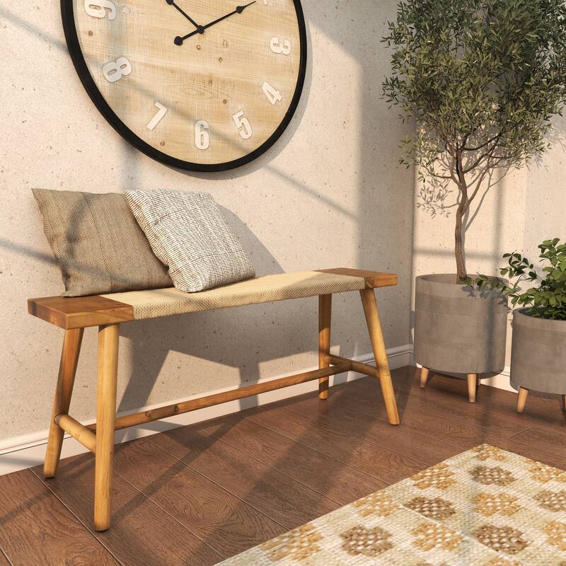 Brown Wood Handmade Traditional Home Bench with Rope Wrapped Seat