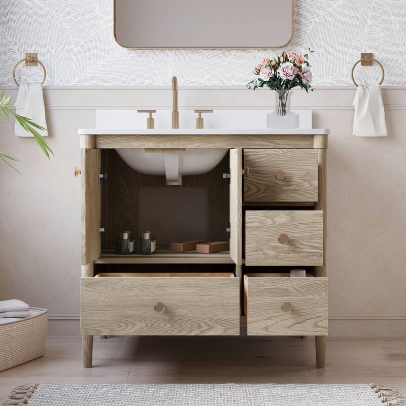 34''H Solid Wood Bathroom Vanity With Carrera White Quartz Top and Sink