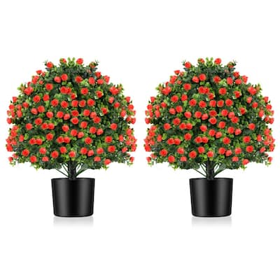 Set of 2 Artificial Ball-Shaped Rose Topiary Trees 21.5 Inch Green Red Black Faux Plants with Cement Pots Indoor Outdoor - 21.5"