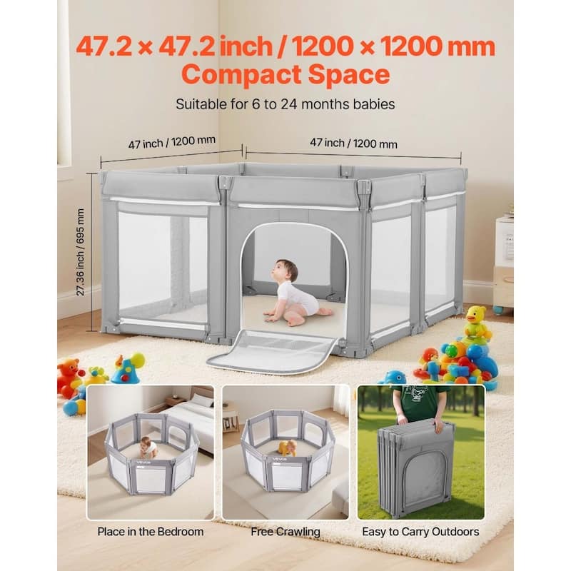 Foldable Grey Baby Fence with Mesh Walls Modular Playpen Design for Indoor and Outdoor Use - 50" x 50" x 27.36"