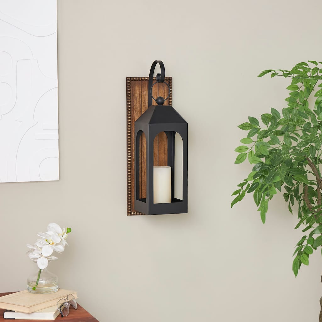 Black Metal Suspended Arched Cutout Wall Sconce with Brown Wood Backing and Beaded Edge