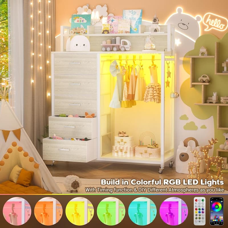 5 Drawers Dresser with Charging Station & LED Lights, Chest of Drawers with Hanging Rod ＆ Lockable Wheels ＆ Storage Shelves