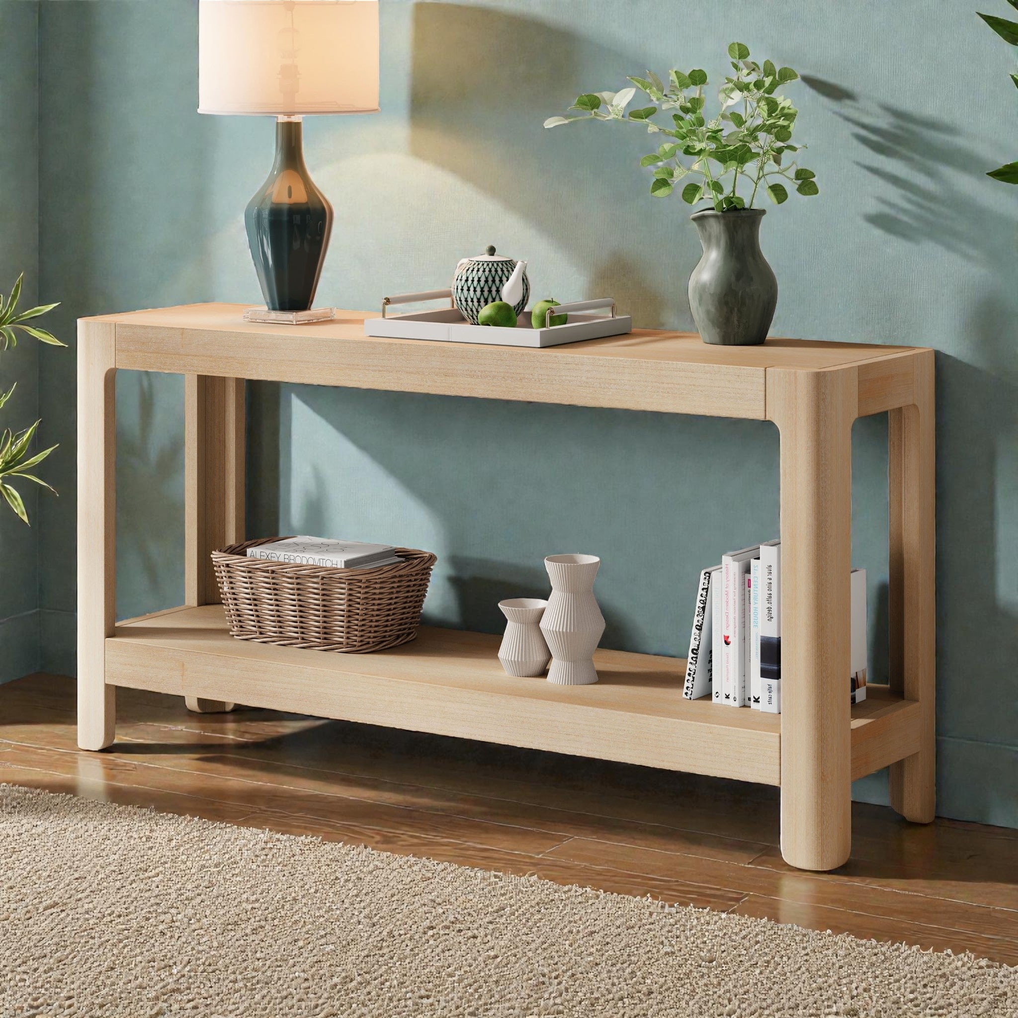 59" Farmhouse Console Table with Wood Veneer Top, Rounded Edges, Solid Pine Legs for Entryway Living Room Hallway