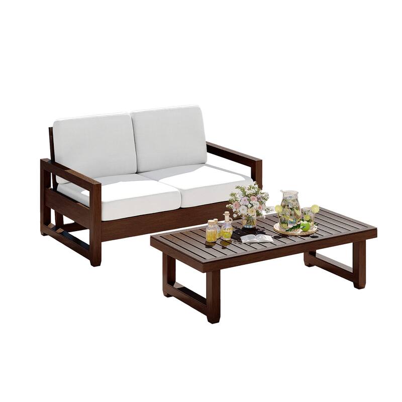 Teak Loveseat Patio Set with Cushions and Table (2-Piece)