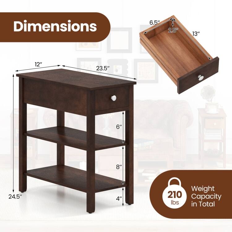 3-Tier Narrow End Table with Drawer and Storage Shelves Set of 2 - 23.5" x 12" x 24.5"