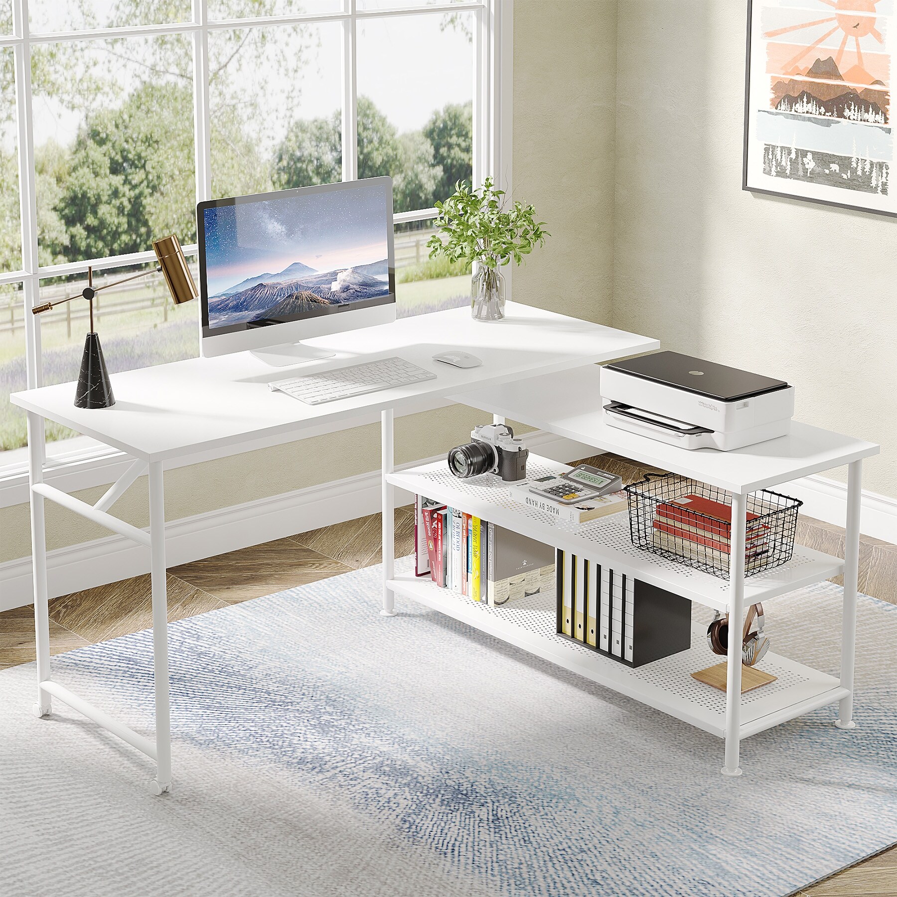 Modern L Shaped Desk 360 Rotating Desk with Storage Shelves