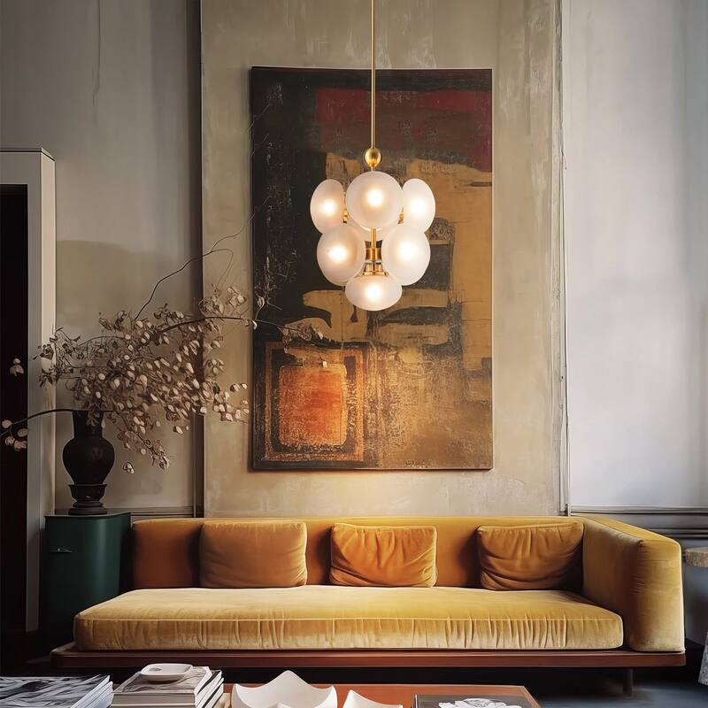 9-Light Modern Glam Gold Cluster Frosted Opal Globe Glass Chandelier for Dining Room, Living Room