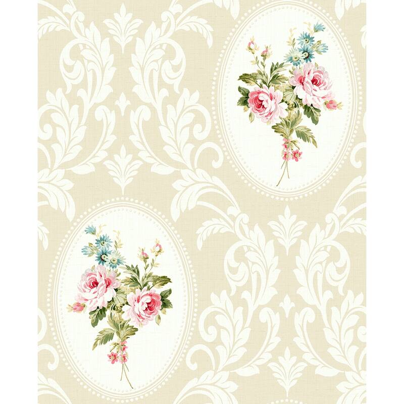 Seabrook Designs Francesca Framed Bouquet Damask Unpasted Wallpaper - 20.5 in. W x 33 ft. L - Beige