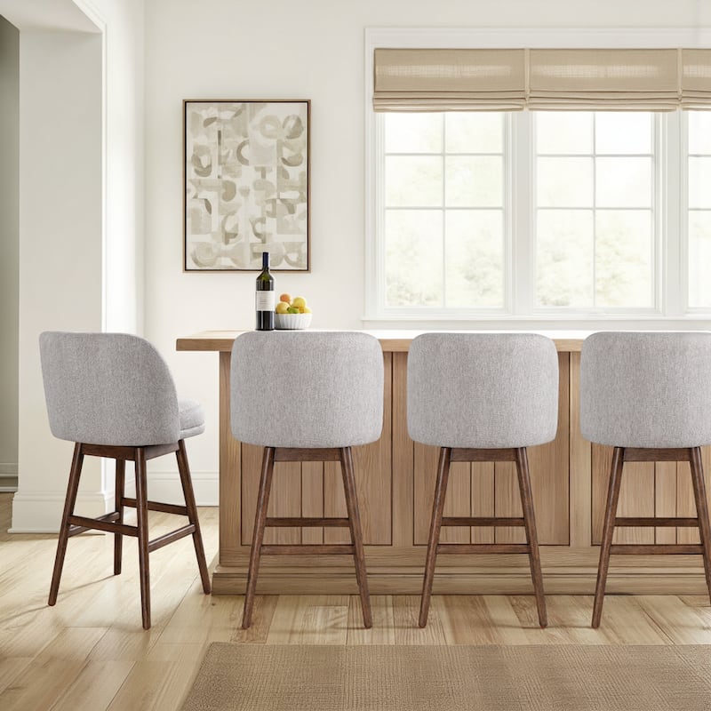 Sadie Modern Swivel Bar Stool, Upholstered Counter Height Chair with Solid Wood Frame - Set of 4 - Brown Oak & Taupe - Bar Height