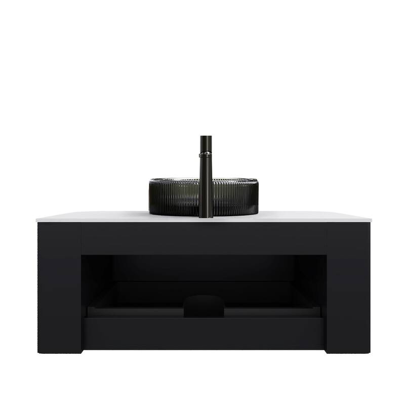 Wall Mounted Bathroom Vanity with Transparent Black Round Glass Basin