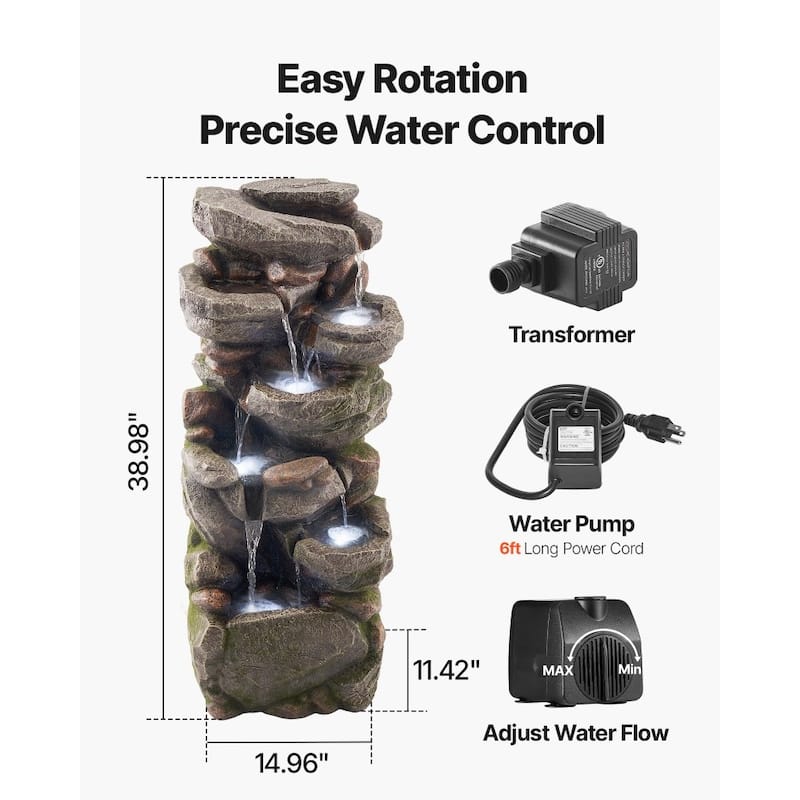 7-Tier Rock Style Yard Fountain with Soothing Water Sounds and LED Lights for Patio Decor - 14.96 x 11.42 x 38.98 in