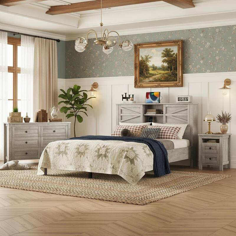 Farmhouse 3-Piece Bedroom Set with Sliding Storage Headboard & Charging Station by Harper&Bright Designs -  Antique Gray - Queen