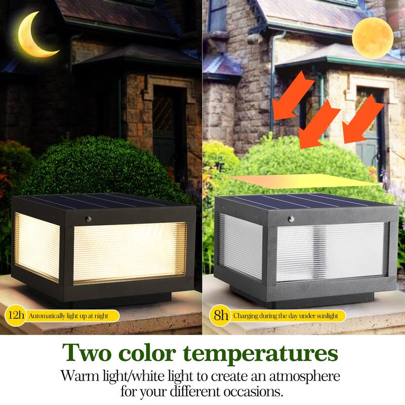 12" Black Solar Powered LED Post Cap Light, Modern Outdoor LED Fence Light for Pathways, Decks, and Patios (2-Pack)