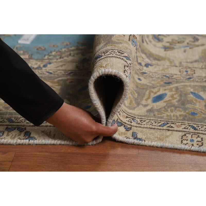 Blue Traditional Tabriz Persian Vintage Rug Hand-Knotted Wool Carpet - 7'10" x 10'10"