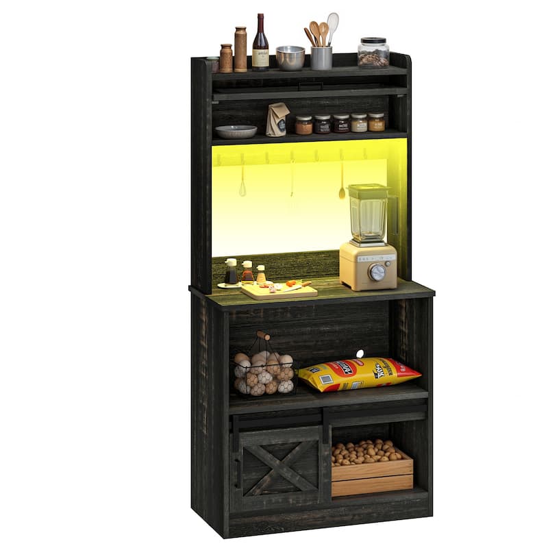 Moasis Farmhouse Kitchen Baker's Rack with Storage Shelves and Sliding Door & Power Outlets