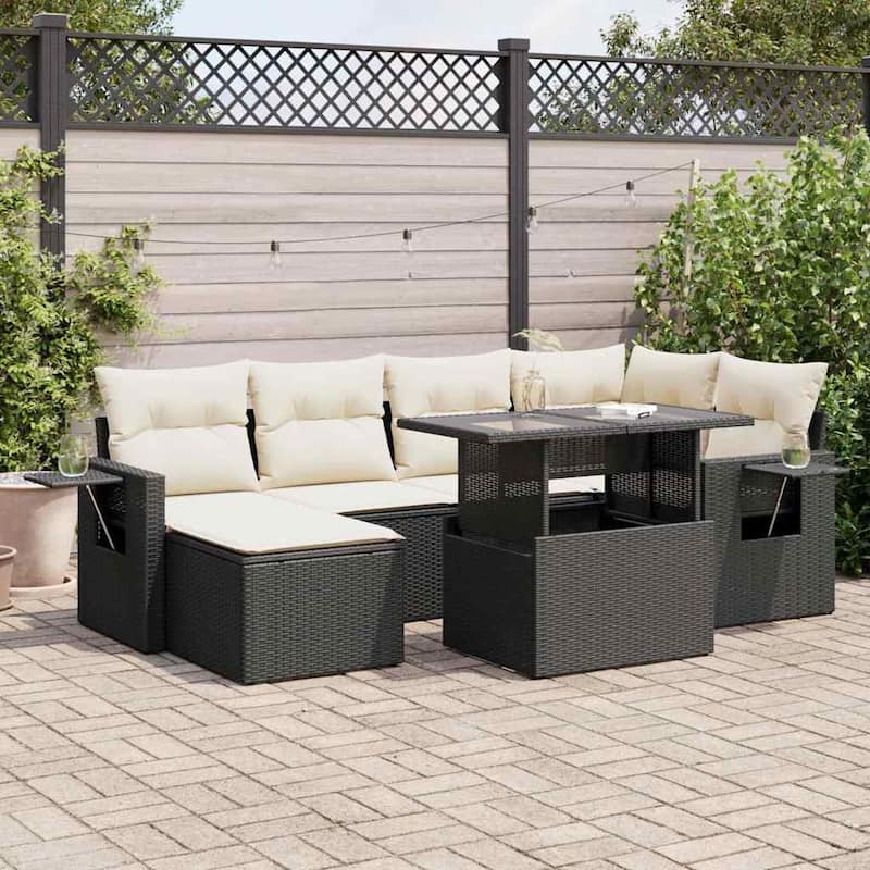 vidaXL Patio Sofa Set with Cushions Outdoor Furniture 7 Piece Poly Rattan - 21.7 x 39.4 x 28.7 - Black and Cream-with storage