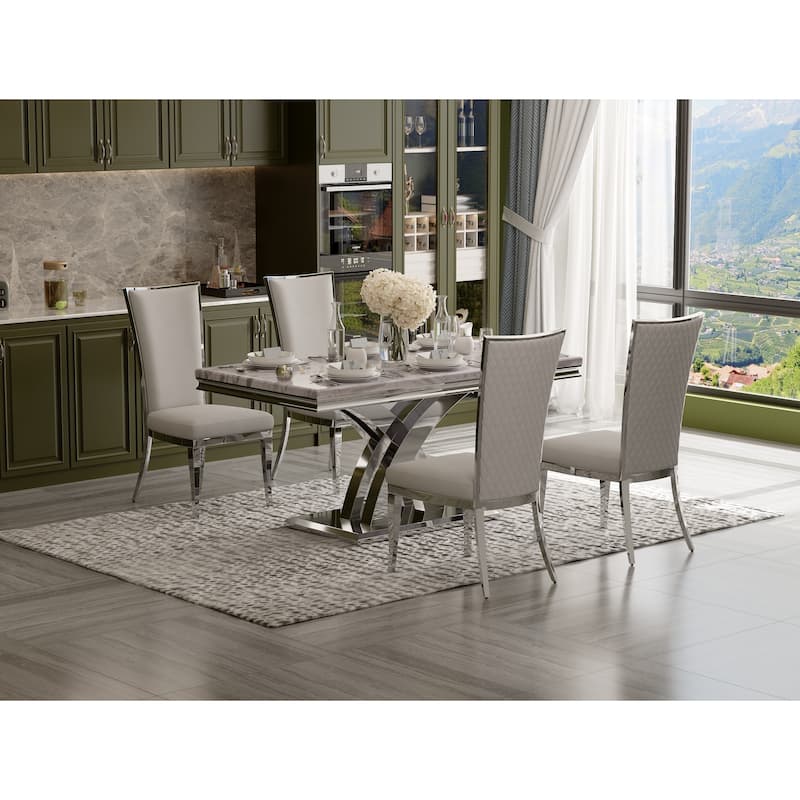 Luxury Dining Table Set with PU Leather Dining Chairs - Mirrored Silver - Table with 4 Chairs