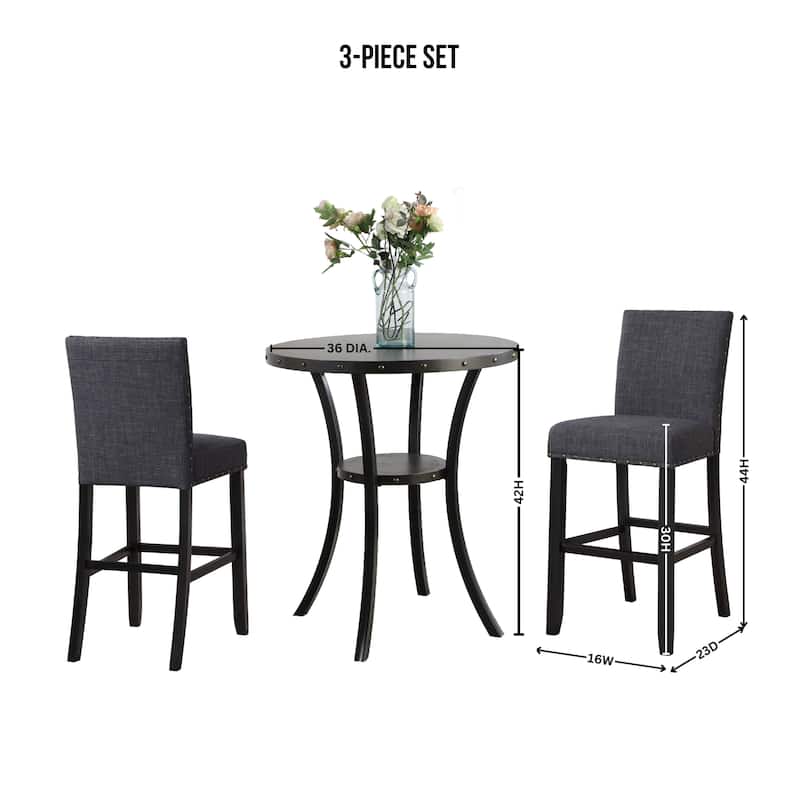 Roundhill Furniture Biony 3-Piece 36" Round Espresso Bar Table with 2 Nail Head Barstools