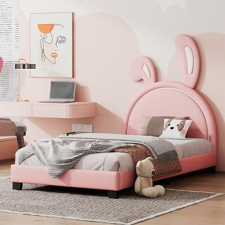 Stylish Twin Leather Bed with Rabbit Design, Durable PU Upholstery, and Strong Support, Easy Assembly