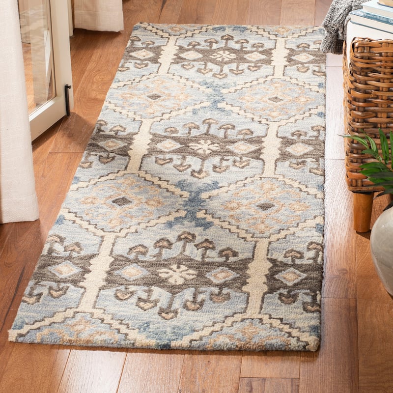 SAFAVIEH Handmade Aspen Dickie Boho Tribal Wool Rug - 2'3" x 13' Runner - Light Blue/Cream