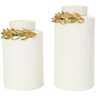 Ceramic Leaf Decorative Jars with Abstract Spotted Pattern and Gold Accents - Set of 2 White - Roche River Decor