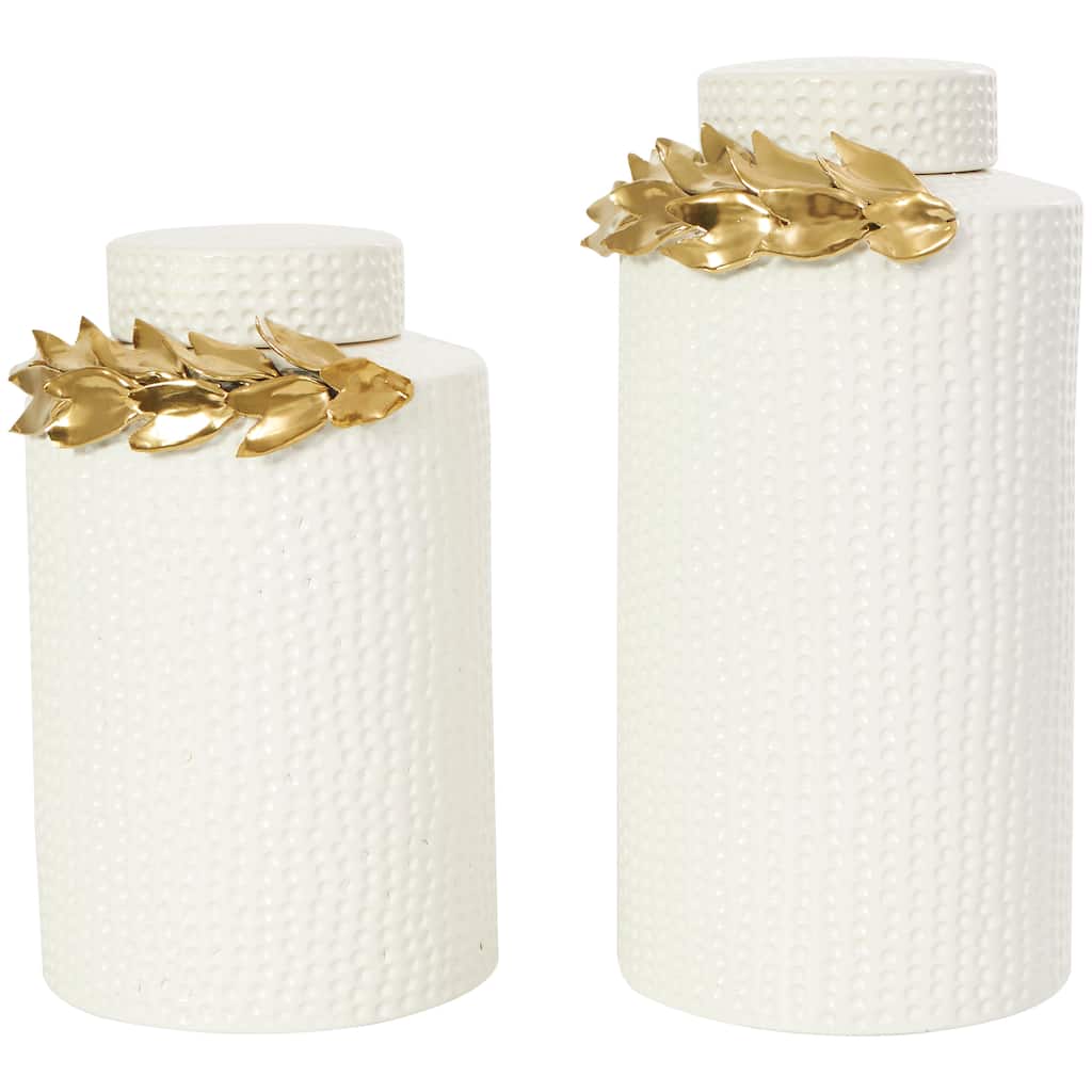 Ceramic Leaf Decorative Jars with Abstract Spotted Pattern and Gold Accents - Set of 2 White - Roche River Decor