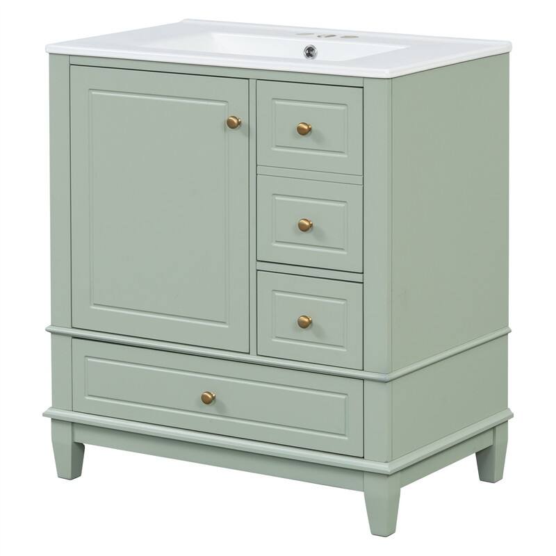 30" Bathroom Vanity with Ceramic Sink, Freestanding Bathroom Vanity Cabinet w/ 3 Storage Drawers, 1 Soft Close Door & Door Shelf