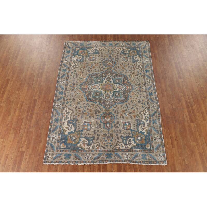 Distressed Tabriz Vintage Persian Rug Handmade Beige Wool Carpet - 6'5" x 9'3"