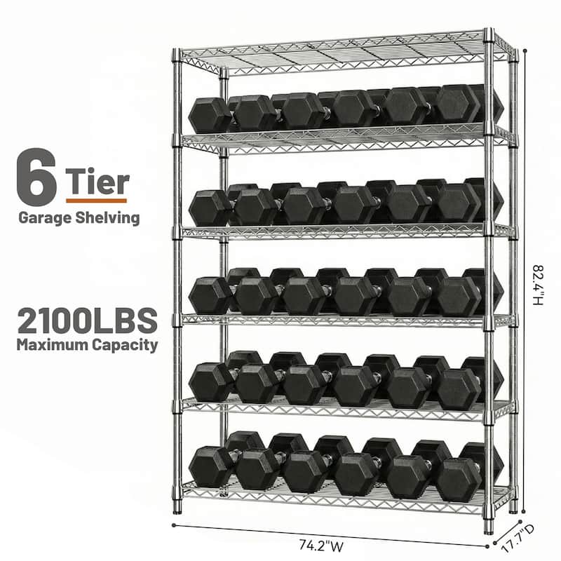 6 Tiers Storage Shelves Load 2100LBS, Metal Shelving Wire Metal Shelving Unit Shelves for Storage Adjustable Garage Shelving