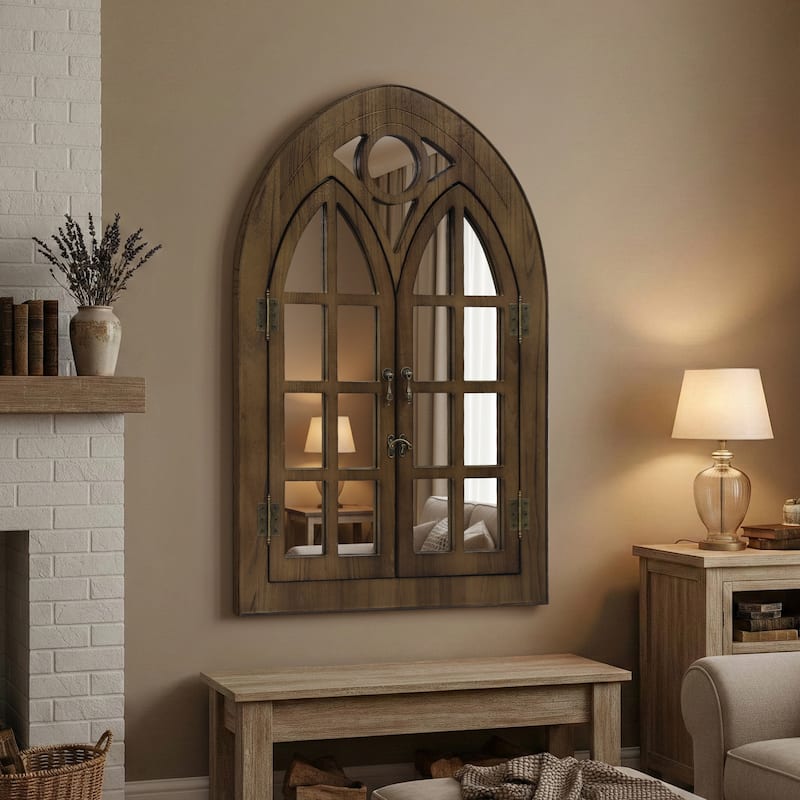 Classic Arched Wood Framed Window Pane Wall Mirror