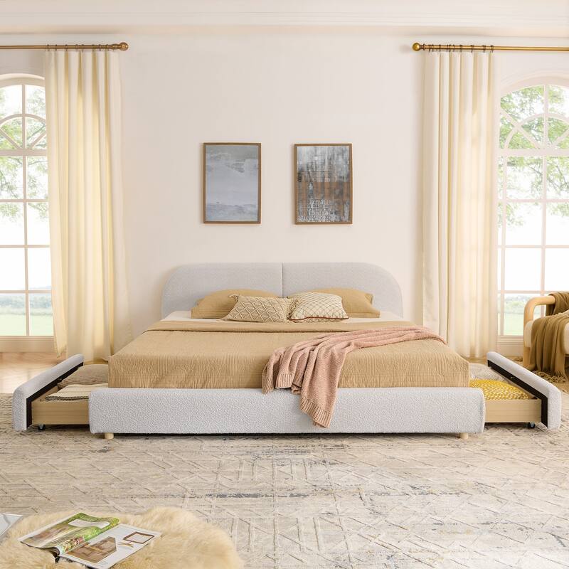 King Size Upholstered Bed Frame Modern Minimalist Style - Circle Yarn Fabric, Tall Curved Headboard