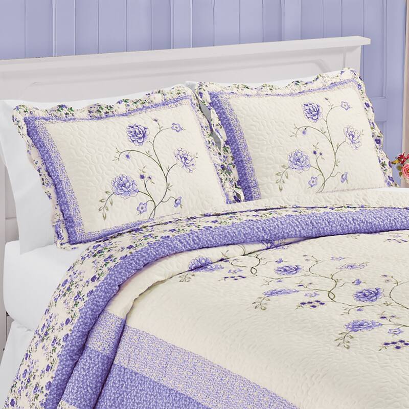 Floral Embroidered Scalloped Edge Quilted Pillow Sham - Lavender