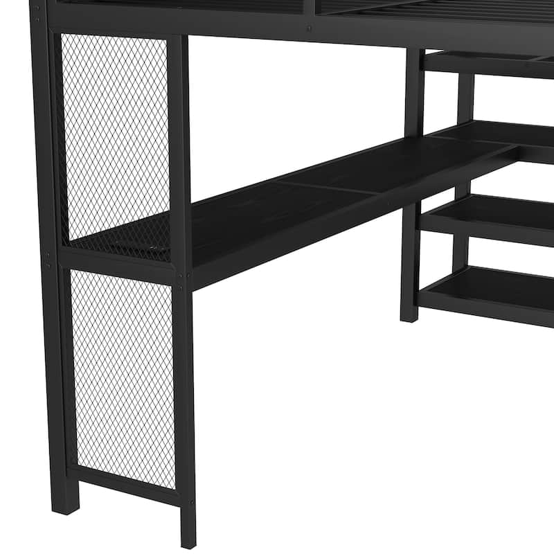 Queen Loft Bed with Desk, Storage Stairs & LED Lights, Metal Bed Frame with USB Ports & Iron Nets, No Box Spring Needed