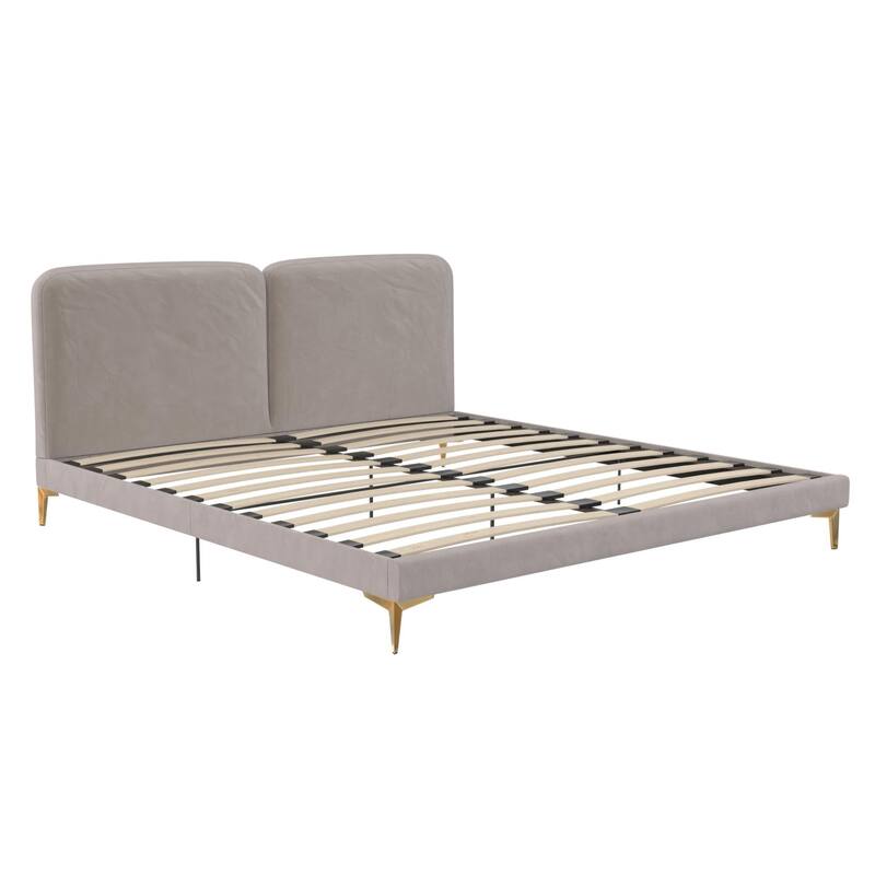 Velvet Upholstered Platform Bed with Foam-Padded Headboard, Modern Metal Legs, King Size