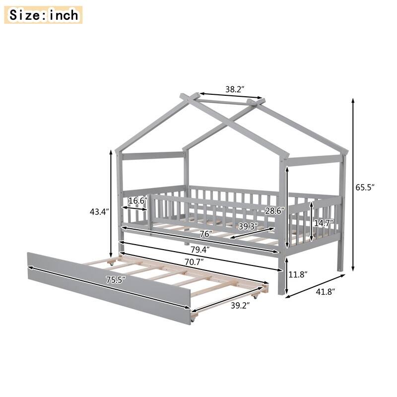 Twin Size House Bed for Kids, Wooden House Bed Twin with Trundle