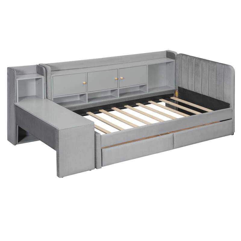 Twin Upholstered Daybed with Drawers, Shelves, Flip Cabinets & Side Table in Gray