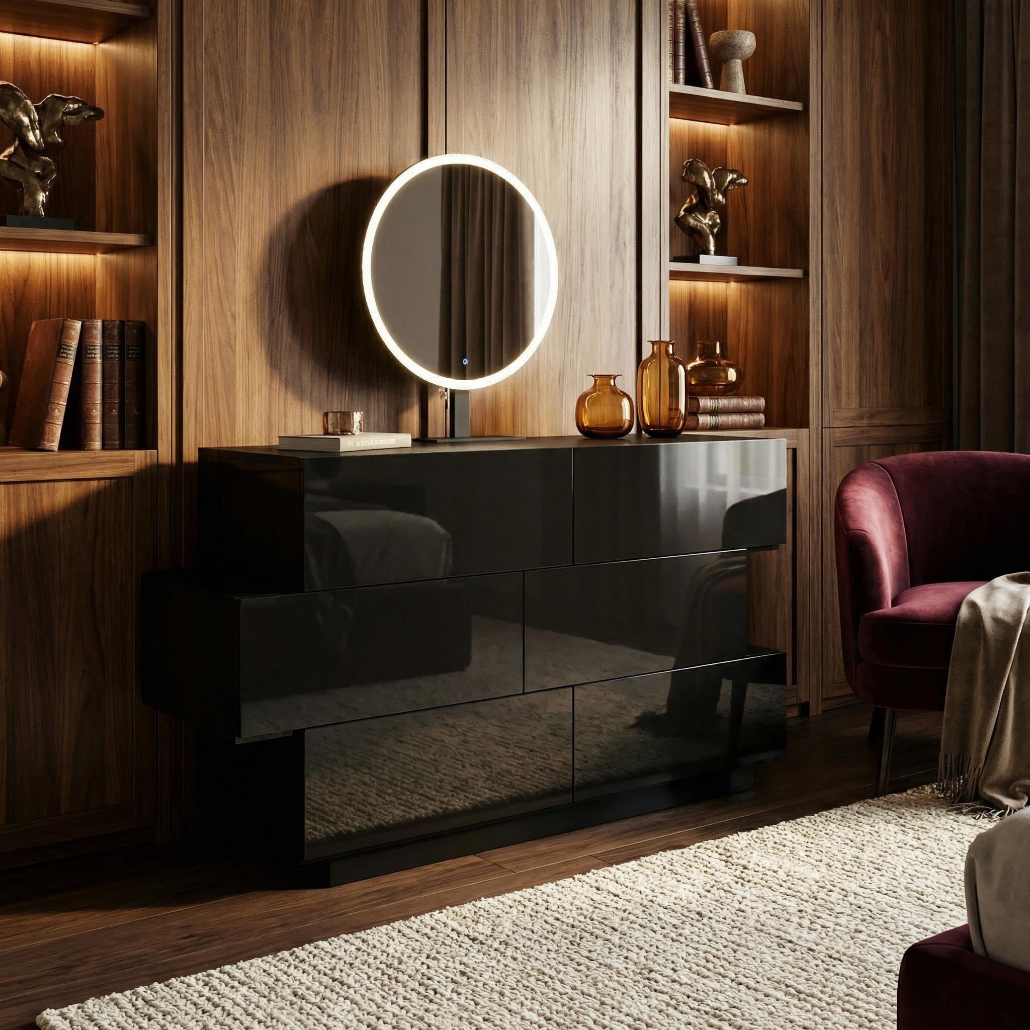 Modern Dresser with LED Mirror, 3-Color Dimmable Light Vanity Set, Adjustable Mirror Angle, 6 Drawer Storage Cabinet