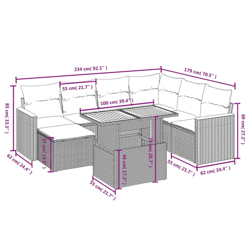 vidaXL Garden Sofa Set with Cushions Modular Sofa Couch 8 Piece Poly Rattan - 21.7 x 39.4 x 28.7 in