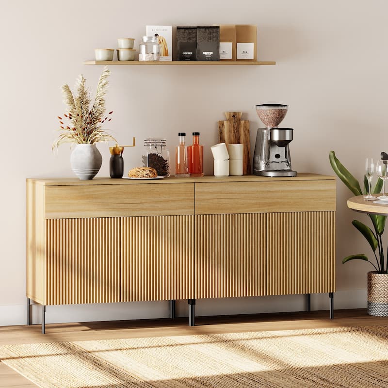 31.5" Wooden Reeded Sideboard With Doors And Drawer, Modern Credenza Storage Cabinet