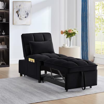 Black 68.5" Velvet Single Folding Sofa Bed with Adjustable Backrest and Pillows for Living Room