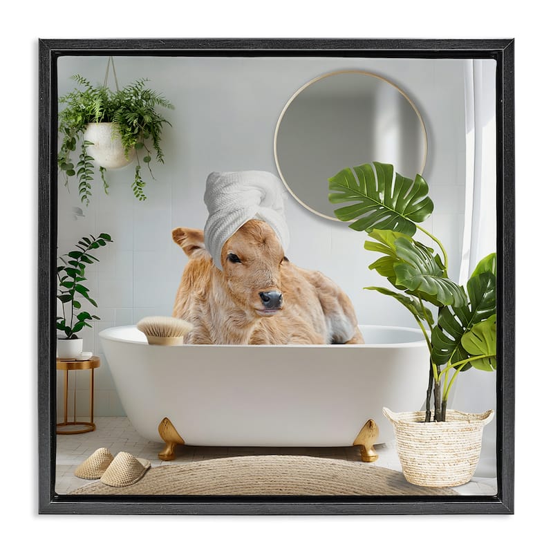 Stupell Pampered Cow in Bath Framed Floater Canvas Wall Art Design By CAD Designs - 25 x 25 - Black